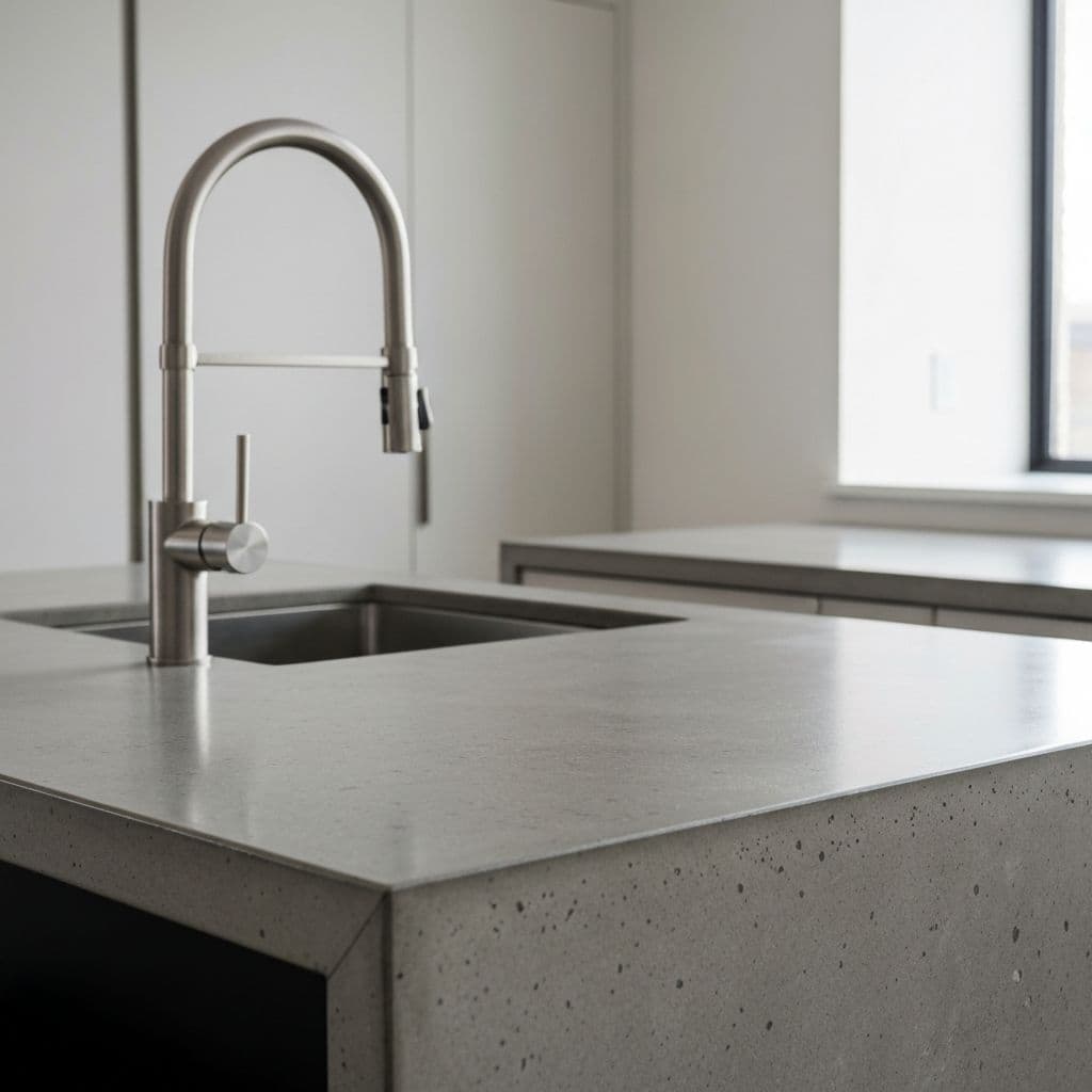 Polished custom concrete kitchen countertop handcrafted by Newbold Stone