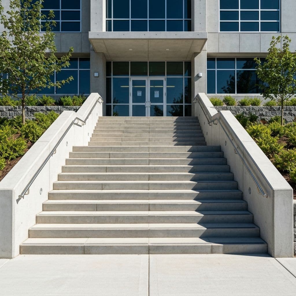 Concrete stair tread installation and delivery showing professional placement on job site