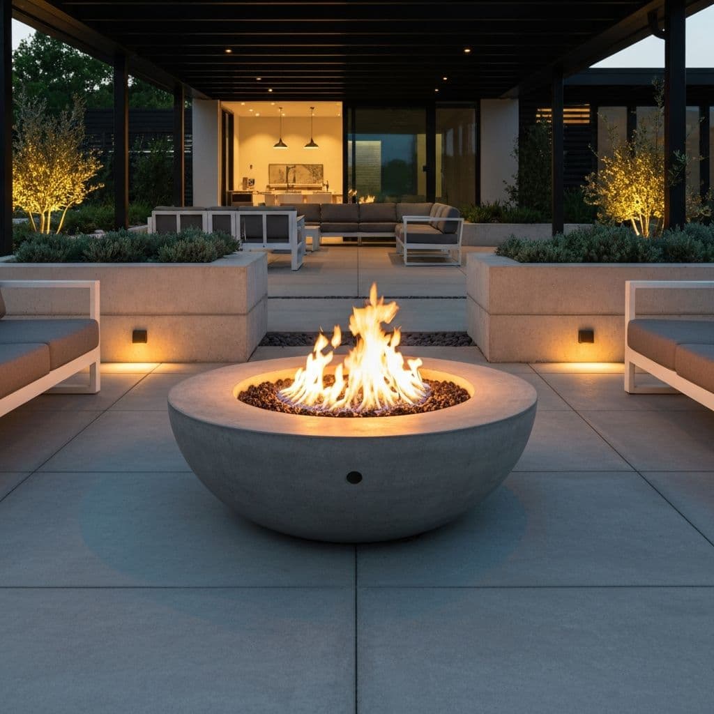 Concrete fire pit with flames